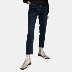 Topshop Jeans Womens 28 Blue Stretch Mid Rise Straight Leg Raw Hem Crop Denim